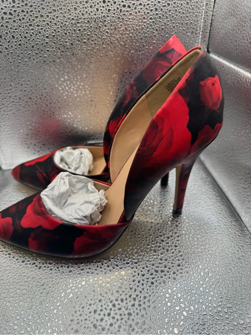JustFab Black and Red Floral Pointed-Toe D'Orsay Pumps